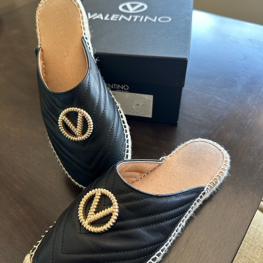 Valentino Quilted Black Leather Espadrille Mules